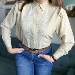 Danier Vintage 100% Silk Cream Emerodery Blouse